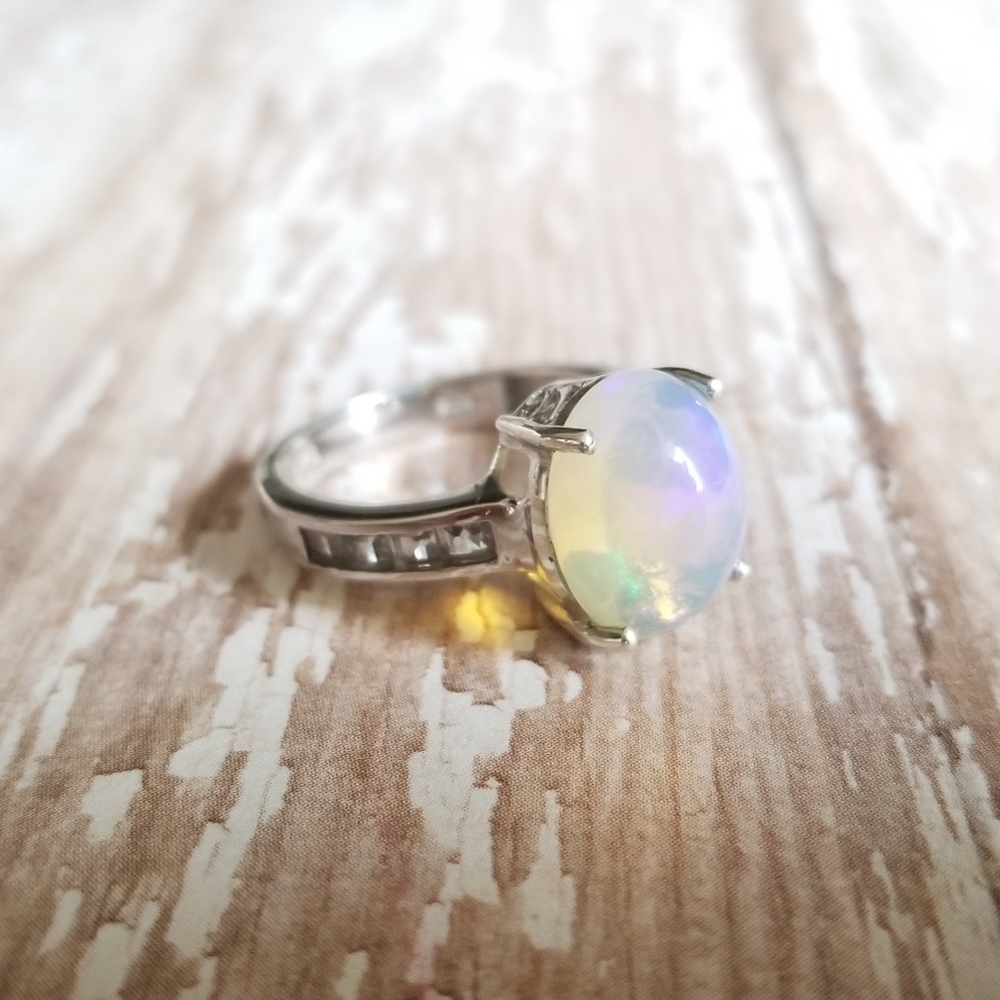 Genuine Welo Opal and White Topaz Ring Size 7